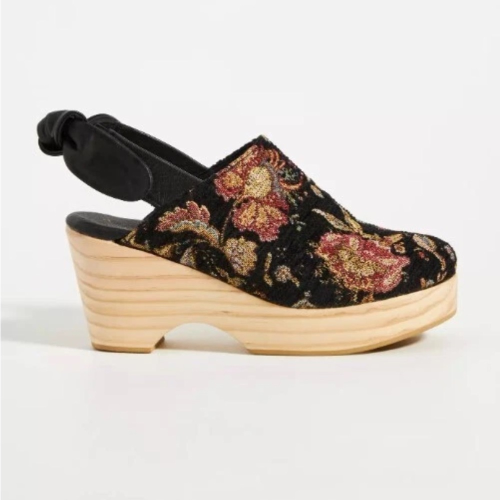 Anthropologie Floral Tapestry Wood Platform Clogs